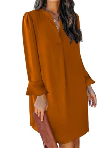 QACOHU Womens Fall Ruffle Long Sleeve V Neck Shift Dress Caramel M