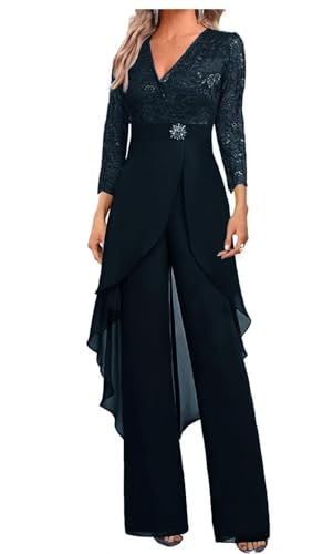 JUDHGGX Mother of The Bride Pants Suit Set 2 PC Chiffon & Lace Wedding Guest Outfit with Rhinestone 3/4 Sleeves Navy US14