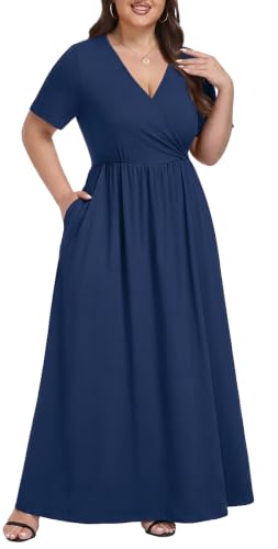 Lastshe Women's Plus Size Maxi Dresses Summer A-Line Short Sleeve Lightweight Comfort Long Dress with Pockets Wedding 2026, Navy Blue, 5X