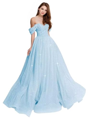 Women's Tulle Prom Dresses Sky Blue Ball Gown Sparkly Off Shoulder A Line Formal Evening Dress Size 8