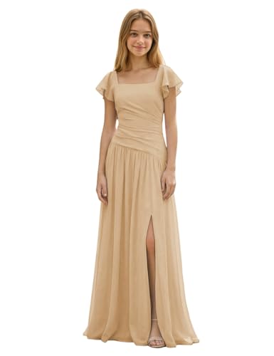olalunule Junior Bridesmaid Dress Chiffon Asymmetrical Drop Waist Flower Girl Dresses for Wedding Champagne A Line Girls Formal Dresses with Sleeves Size 7