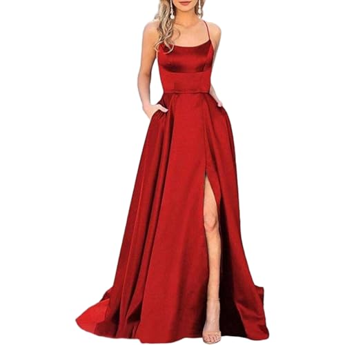TWGONE Prom Dresses for Women Satin Spaghetti Strap Long Evening Gown | Red Elegant Satin Square Neck High Slit Pocket A Line Long Formal Evening Dress Medium