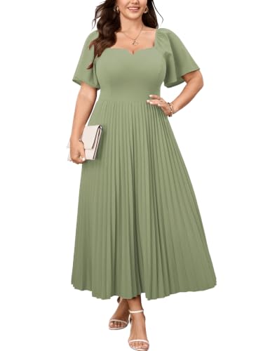 Women's Plus Size Wedding Guest Dress Summer Cocktail Pleated Maxi Dress | SCOMCHIC Short Sleeve, Square Neck, V-Notched, Back Zipper Up, A-line, High Waist, Flowy, Elegant, Formal, Party, Prom