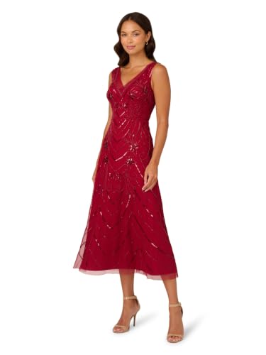 Adrianna Papell Studio Women's Beaded Mesh Dress, Cranberry, 12
