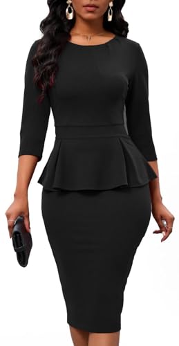 PerZeal Women's Peplum Bodycon Midi Dress Elegant Workwear Black Large