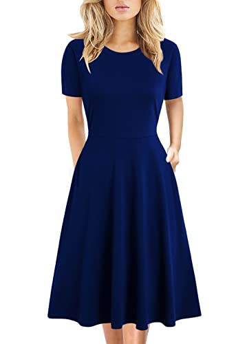 Women's Elegant Vintage 50s Office Casual Floral Print Work Party A-Line Swing Dress with Pockets 162 (S, Royal Blue)