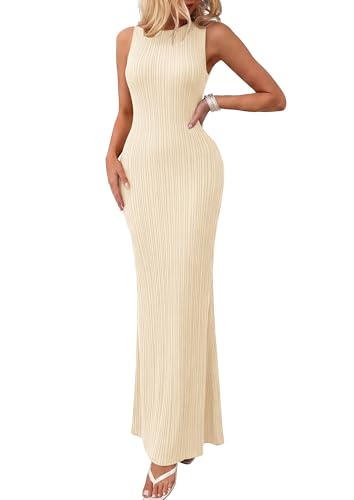 PRETTYGARDEN Women's Knit Bodycon Maxi Going Out Dresses (Apricot,M) | Ribbed Textured, Sleeveless Tank Dress, Fitted Long Sundresses, Casual Elegant, Summer Date Night Outfits, Fashion Clothing