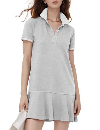 Flygo Womens Polo Dress Collared Short Sleeve Ruffle Golf Tennis T Shirt Sports Workout Mini Summer Dresses Tunic Pique Grey Large
