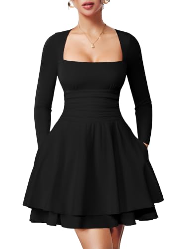 OYS Women's Casual Long Sleeve Square Neck A-line Flowy Mini Dress Black