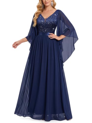 Miusol Women's Deep-V Neck Lace Contrast Sequin 3/4 Sleeve Formal Evening Maxi Dress (Medium, Navy Blue)