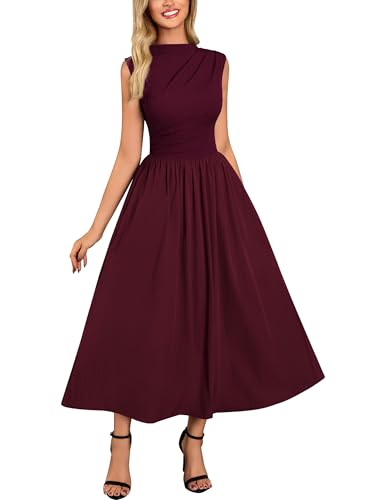 Miusol Women's Retro Half Collar Sleeveless with Pocket Casual Swing Dress (Burgundy, Large)
