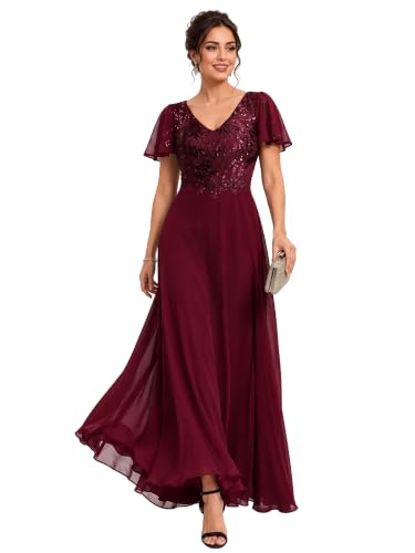 Ever-Pretty Women's V Neck Sequin Maxi Formal Mother of the Bride Dress | Short Sleeves, Applique, A-Line, Evening Dress, Formal Wedding Guest Dresses, Gala Dress, Burgundy US10