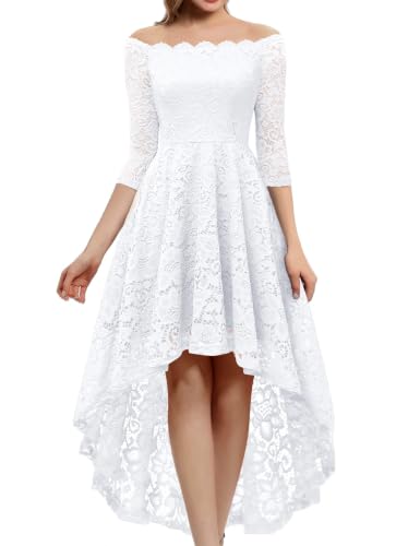 Dressystar Women's Lace Cocktail Dress Hi-Lo Off Shoulder Bridesmaid Swing Formal Party Dresses 1142 White XXL