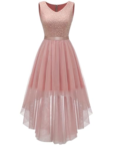 Formal Sequin Tulle Dress High Low Fit Flare Prom Homecoming Blush M