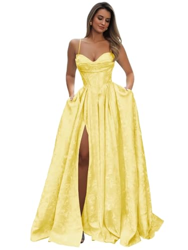 Satin Yellow Jacquard Prom Dresses 2026 with Pockets Long Gown | Spaghetti Straps Aline Corset Evening Dress for Women Pleated Sweetheart Gergeous Formal Party Ball Gowns 4
