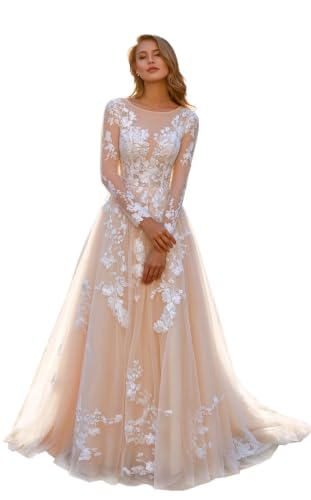 Long Sleeve A Line Champagne Wedding Dresses for Bride Lace Beach Bridal Gowns Maxi Tulle Plus Size Wedding Prom Dress