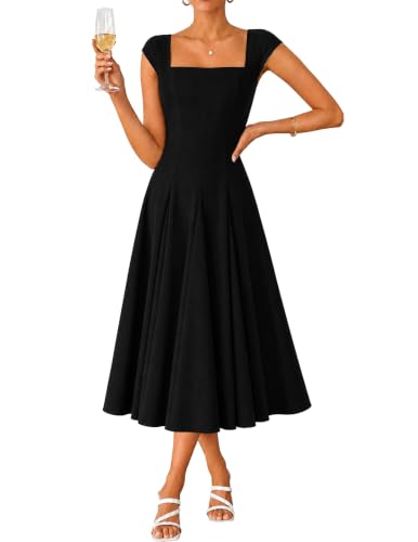 OXP Women's 2026 Summer Elegant Square Neck Cap Sleeve Midi Cocktail Semi Formal Dress for Wedding Guest Evening Party Black L