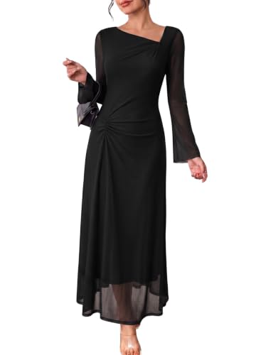 BLENCOT Wedding Guest Dress Asymmetrical Neck Flowy A Line Maxi Dresses M