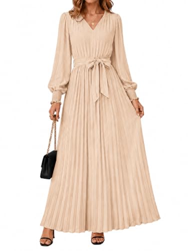 Kvlrous Women's Long Sleeve Maxi Pleated Long Dress, Beige, Large