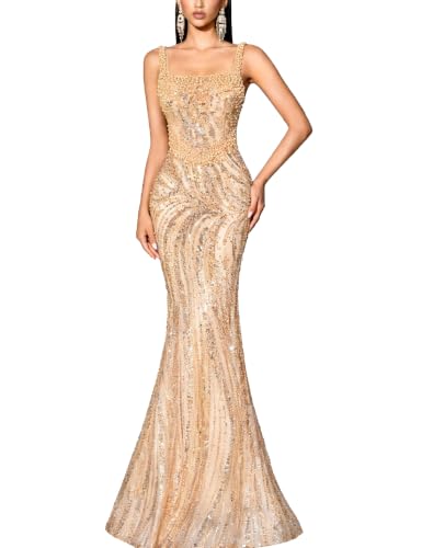 VOUIAO Women Beaded Mermaid Prom Dress Sequin Formal Evening Gown Gold M