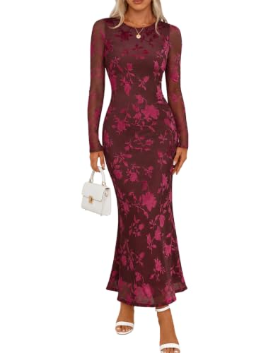 MEROKEETY Womens Fall Velvet Formal Wedding Guest Maxi Dress, Wine, L | Bodycon, Floral, Long Sleeve, Mesh, Round Neck, Formal Cocktail Party Birthday Club Date Night Prom, 2026 Winter Long Dress