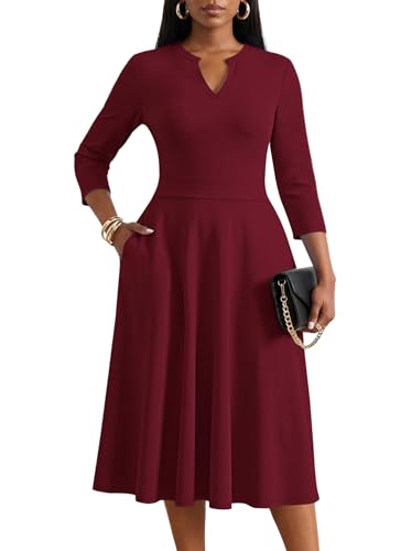 KARALIN Women Midi Dress 3/4 Sleeve Semi Formal Church with Pockets Wine