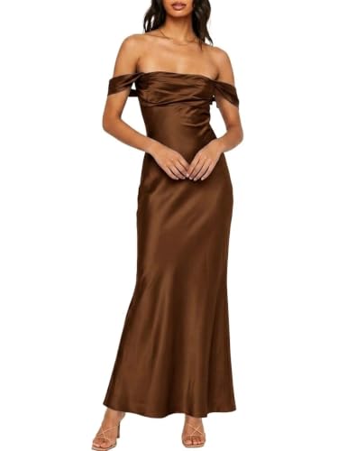 Realtix Satin Off The Shoulder Strapless Bridesmaid Maxi Dress for Women