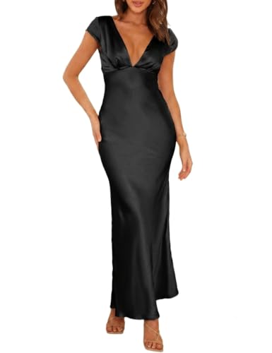 Halfisland Womens Summer Satin V Neck Cap Sleeve Midi Dress Wedding Guest