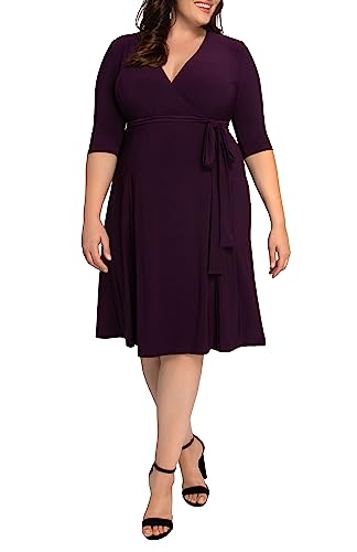Kiyonna Plus Size Essential Midi Wrap Dress with Sleeves | Wrap Around Style for Cocktail, Party, Wedding Guest or Work | Plum Purple Size 1X (14-16)
