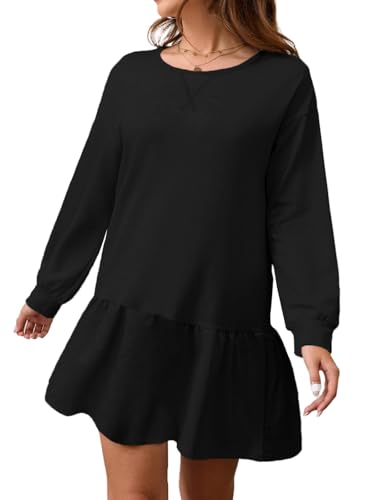 Mini Dress for Women 2026 Spring Winter Cute Patchwork Long Sleeve Ruffled Crewneck Sweatshirt Dresses Casual Sport Pullover Tops Y05 Black M