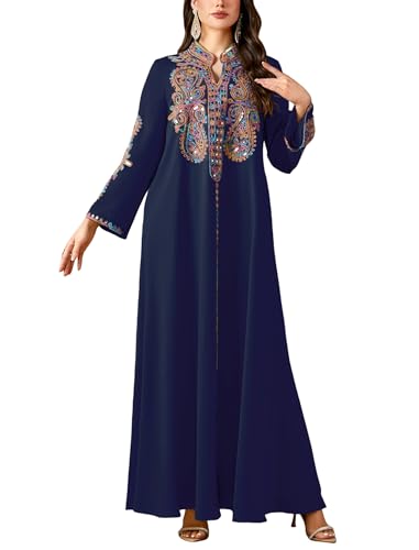 OBEEII Women Muslim Abayas Islamic Long Sleeve Floral Embroidery Sequin Maxi Dress Ramadan Eid Loose Morocco Dubai Robe Kaftan Elegant Turkey Muslim Prayer Dress Navy Blue M