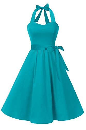 Topdress Women's Vintage Polka Audrey Dress 1950s Halter Cocktail Dress Turquoise L