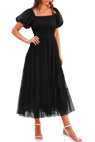 PRETTYGARDEN Women's Summer Smocked Midi Tulle Dress, Black,L