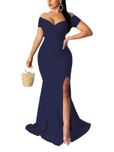 Women's Sexy Off Shoulder V Neck Wrap High Split Cocktail Gown Navy