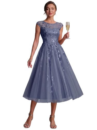 Ever-Pretty Women's Sequin Tulle Midi Formal Dresses Wedding Guest Dress