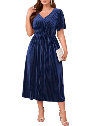 BELAROI Womens Plus Size Velvet Formal Dress for Wedding Guest, Navy Blue