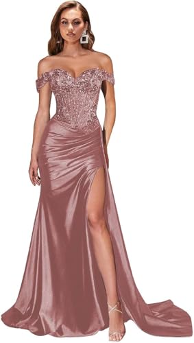 Beads Appliques Satin Prom Dresses Dusty Rose for Women Long 2025 Mermaid Off Shoulder Corset Formal Gowns and Evening Dresses with Slit 0