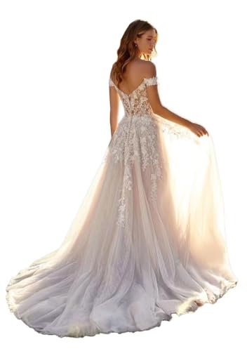 Lace Wedding Dresses for Bride Sexy Floral Off Shoulder Open Back A Line Bridal Gown Beach Wedding Dress Style03 Ivory US12