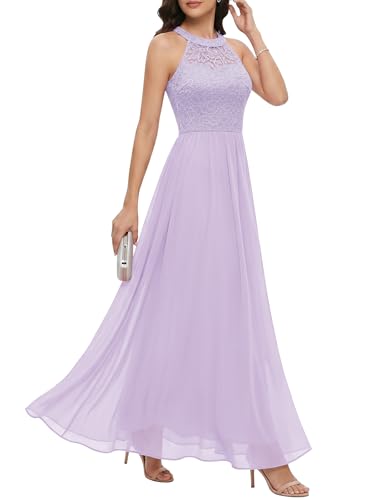 Women's Sleeveless Halter Floral Lace Formal Dress Cocktail Party Dress Bridesmaid Dress WT0201LavenderM Medium