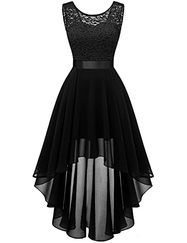 Women's Lace Chiffon High Low Cocktail Dress Wedding Guest Formal Black S | Soft Lace and Lightweight Chiffon High Low Dress, Elegant Pick for Wedding Guest, Cocktail Parties and Formal Events