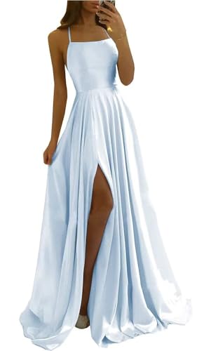 Tvuyet Elegant Satin Bridesmaid Dresses Ice Blue with Slit Long A Line Spaghetti Straps Formal Dresses with Pockets Ice Blue 12