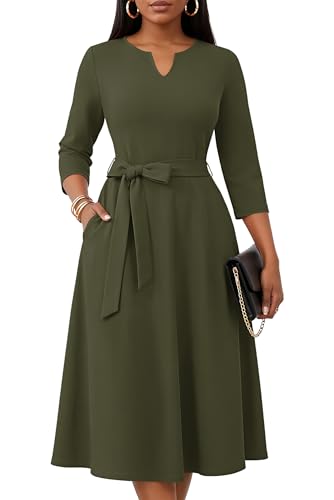 KARALIN Women Midi Dress A-Line 3/4 Sleeve V Neck with Pockets Army Green | High Waist, Breathable, Comfortable, Business Casual, Church, Cocktail, Wedding Guest, Teacher, Semi Formal, Classic