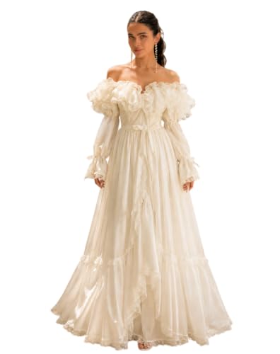 Ivory Off Shoulder Wedding Dress Gothic Puff Sleeve Bridal Gown Ivory