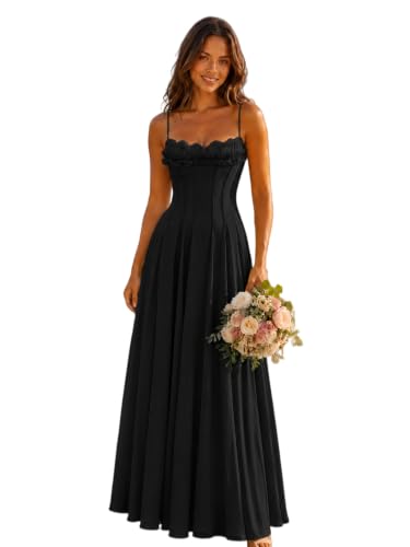 EDECPBM Long Chiffon Bridesmaid Dress Sweetheart Corset Ruffle A-Line Wedding Guest Dress Black US06