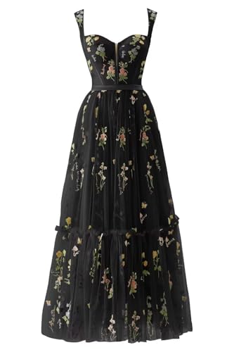 camftbo Black Women Prom Dresses Embroidery Floral Tulle V Neck Tea Length A Line Corset Pockets Modest Formal Party Dress US8