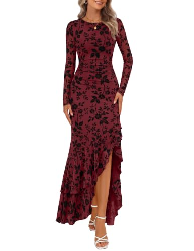 MEROKEETY Women's Winter Wedding Guest Cocktail Maxi Dresses, Wine, L | Long Sleeve, Floral, Boat Neck, Bodycon, Asymmetric Ruffle Hem, Mesh, High Slit, Bridesmaid, Dinner, 2026 Long Dress