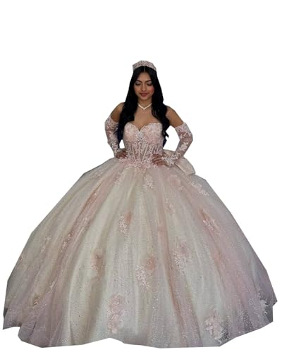 Elegant Ball Gown Aline Prom Quinceanera Wedding Party Dresses with Detachable Sleeves Blush Pink Lace Flower Embroidery Champagne Satin Big Bow Tulle for Women DAMA Kids Girls Teens 14