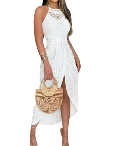 CHICME Womens Summer Halter Ruched Bodycon Long Dresses-w-S | Eyelet Embroidery, Comfortable Lightweight Fabric, Hollow Out A Line, Ruched Side Slit, Vacation Wedding Party Wear