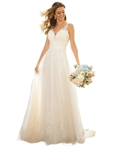 Tulle Lace Wedding Dresses for Bride 2026 Boho Appliques A Line Bride Wedding Gown V Neck Bridal Gowns Ivory US20W