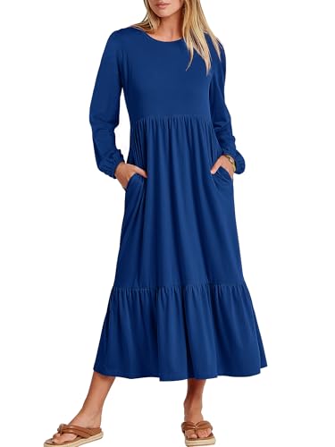 ANRABESS Womens Long Sleeve Fall Flowy Maxi Dresses,Blue,M